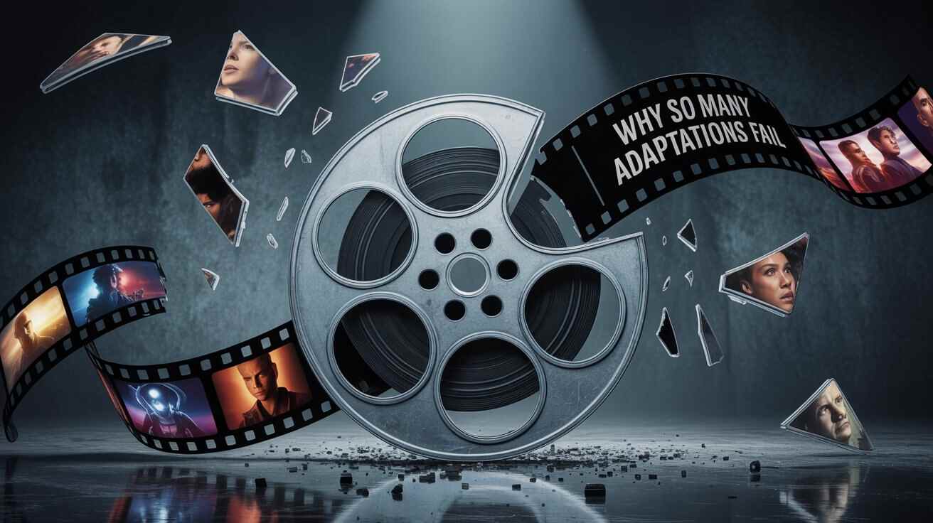 Film reel shattering with floating filmstrips and text "Why So Many Adaptations Fail"